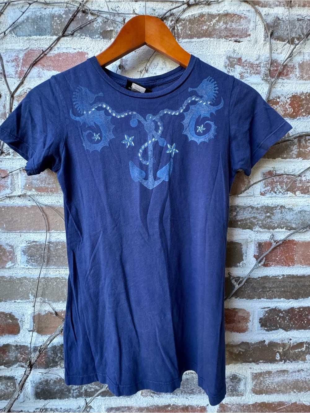 Vintage Junk Food Clothing Navy Nautical Graphic Tee Shirt Anchor Seahorse Sz S